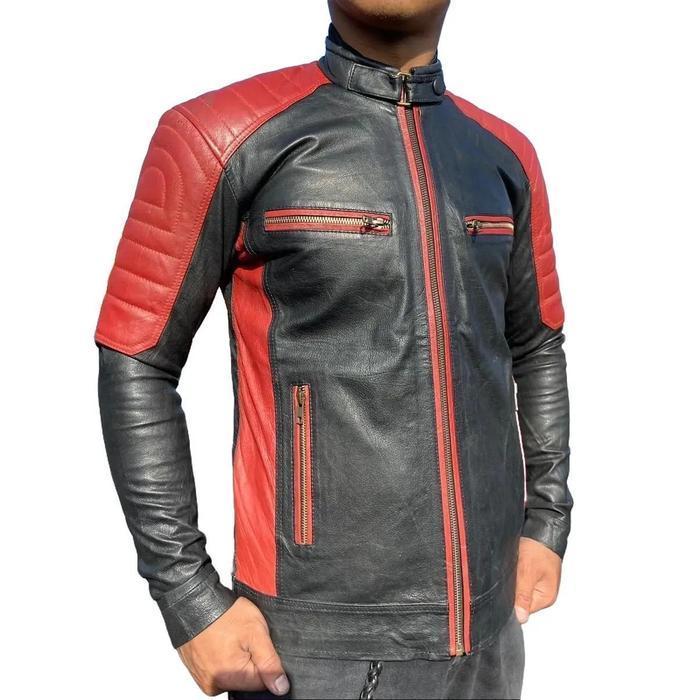 Jaket Kulit Pria Asli Kombinasi Hitam - Merah/Putih Motor Casual Termurah Best Quality 100% Original