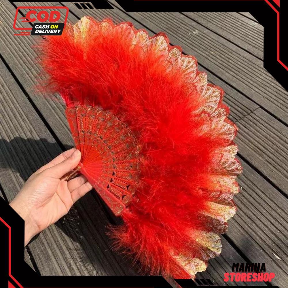 Kipas Tangan Lipat Bulu / Kipas Tari Merah Bulu / Kipas Lipat Tari Bulu Pentas - RO30-0512 2025 Bisa