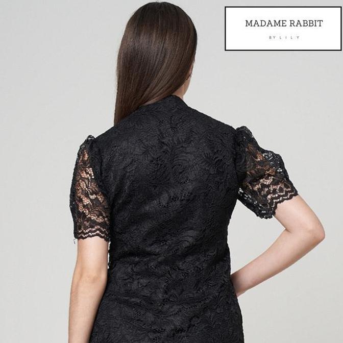 Blouse Kebaya Brokat Modern Madame Rabitt Puff Hitam Lengan Pendek Dress Wanita