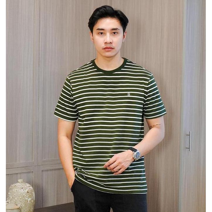 Matsuda Nantan Hijau Olive White T Shirt Pria Kaos Stripe