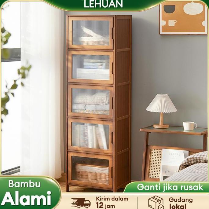 mz_fiktra - bamboo kitchen cabinet multi layer storage shelves transparent door furniture minimalis