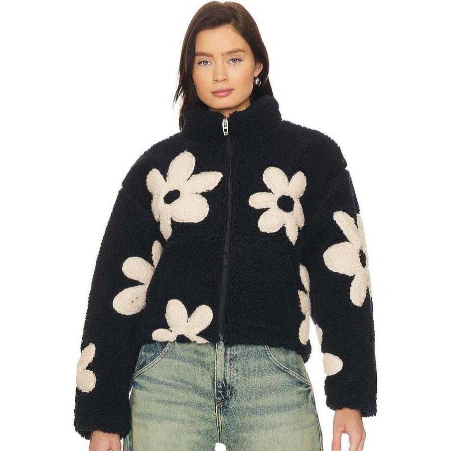 Sweater Jaket Wanita Zipper Kerah Flower Crop Shea Bulu Domba