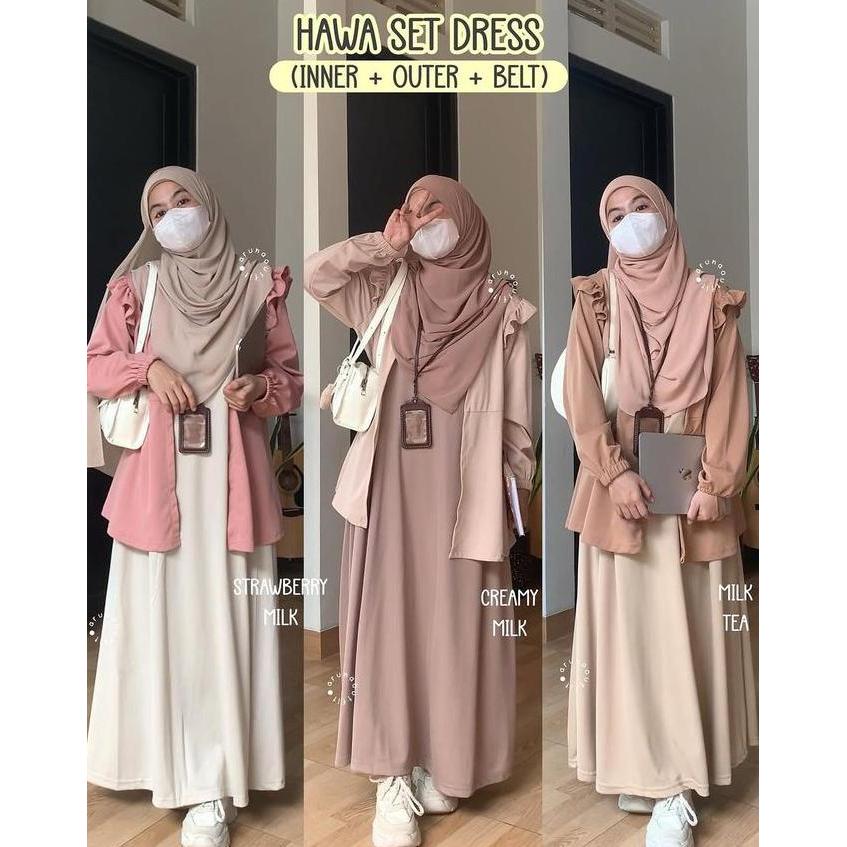 Terpopuler- Arunaoutfit - Hawa Outer / Set Dress Wanita Muslim Panjang Scuba Baju Inner Outer & Belt