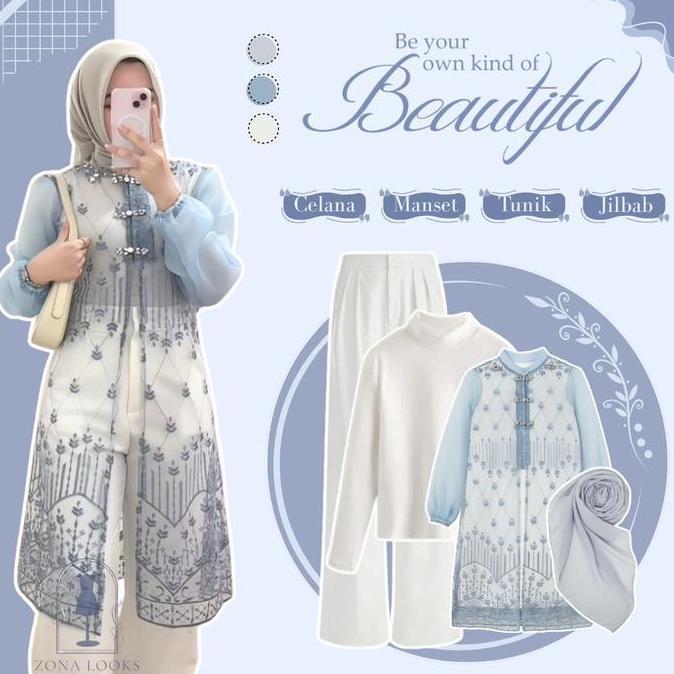 Setelan Lebaran Remaja ( Manset Panjang - Tunik Brokat - Celana Kulot - Jilbab ) One Set Denim Outfi