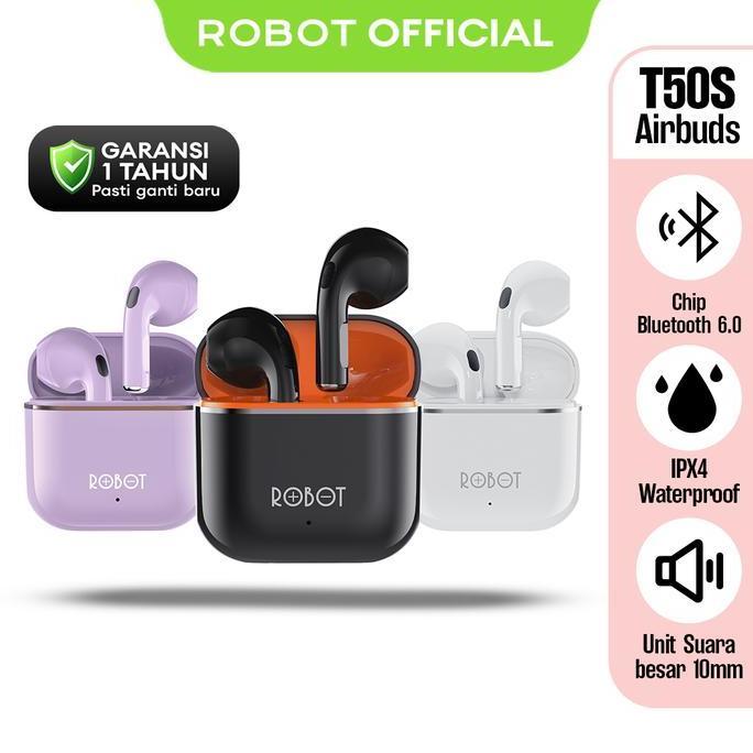 Bundling Robot Tws Wireless Earphone Airbuds New T50S Dan Case Lucu T50S Original Bt 6.0 True Wirele