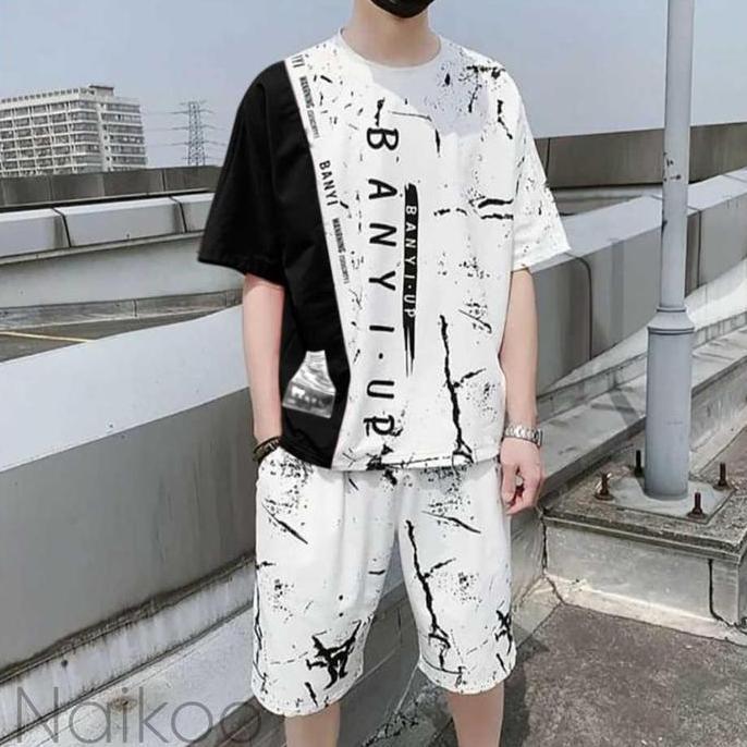 Bergaransi Setelan Pria Lengan Pendek Celana Pendek Setelan Banyi Motif Sablon Dewasa Katun Panjang 