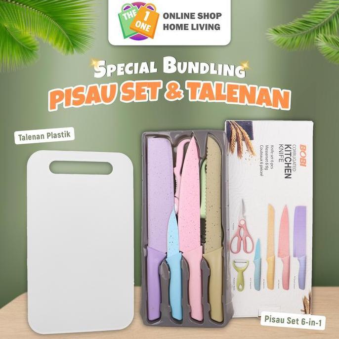 Kithch- Spesial Paket Combo Pisau Set Jerami & Talenan Putih Anti Jamur Kitchenware Pisau 6-In-1 War