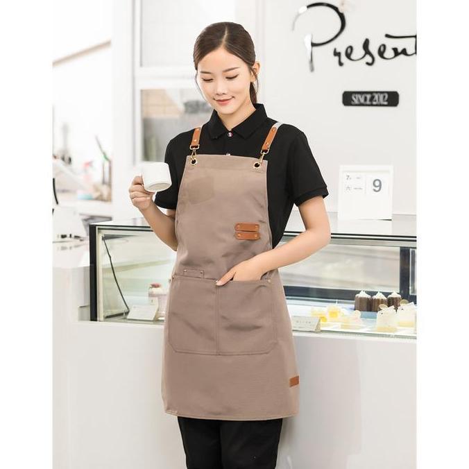 Kithch- Cod Apron Celmek Celemek Masak Barista Coffee Cafe Shop Dapur Model Kantong Polos Anti Air D