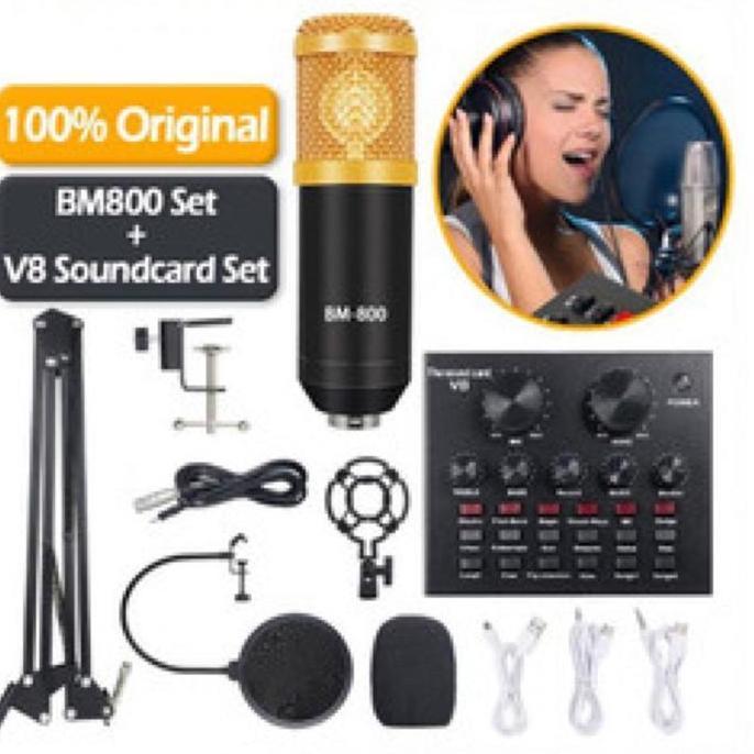 Musiq- Paket Full Set Mic Bm 800 + Stand + Soundcard V8 Miko Kimiso Audio Mixer -  Mikrofon Mic Bm80