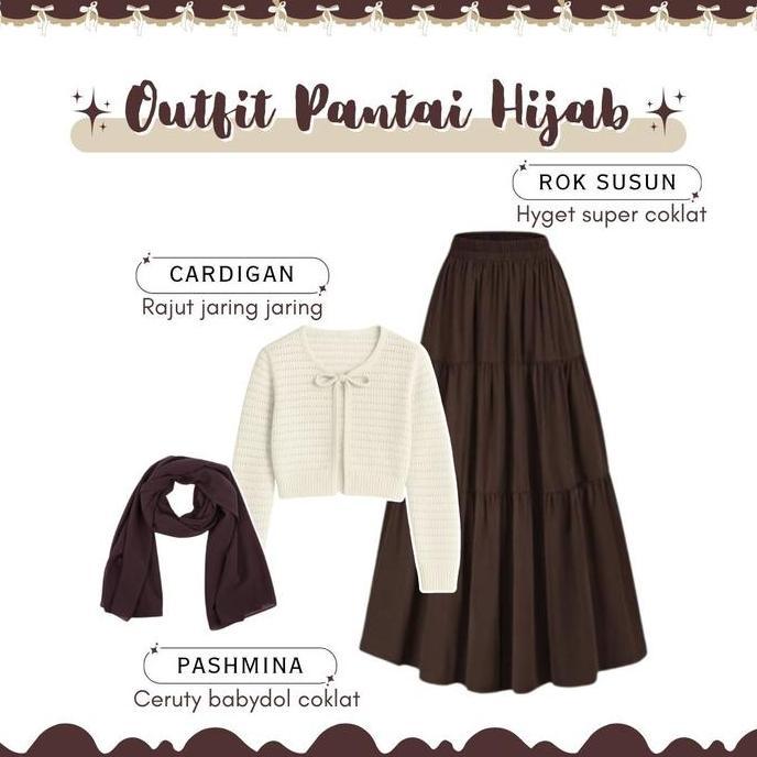 Outfit Pantai Wanita One Set Hijab Pashmina Ceruty & Cardigan Outer Jaring & Rok Susun Coklat 24A