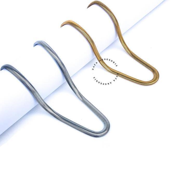 Bisainstan- Zafa Kalung Titanium Pria Wanita Anti Karat Gepeng Lebar Silver Gold - Flat Kalung Titan