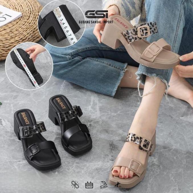 Jelitashoes- Gsi ShoesSandal Wanita Sandal Slop Hak Tinggi Motif Tali Loreng Bahan Karet Pcu Elastis
