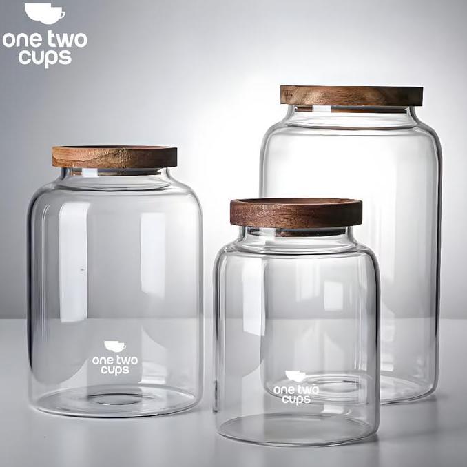 One Two Cups Toples Kaca Jar Penyimpanan Makanan Kue Biji Kopi Tutup Kayu Kedap Udara Ukuran Besar -
