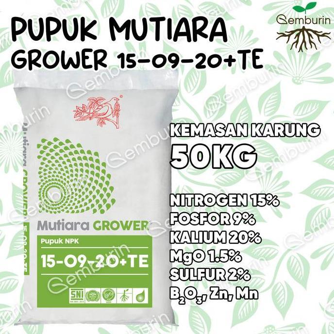 BEBAS ONGKIR - Pupuk NPK Mutiara Grower 15-09-20+TE Hijau KARUNG 50KG Kemasan ASLI PABRIK / Original