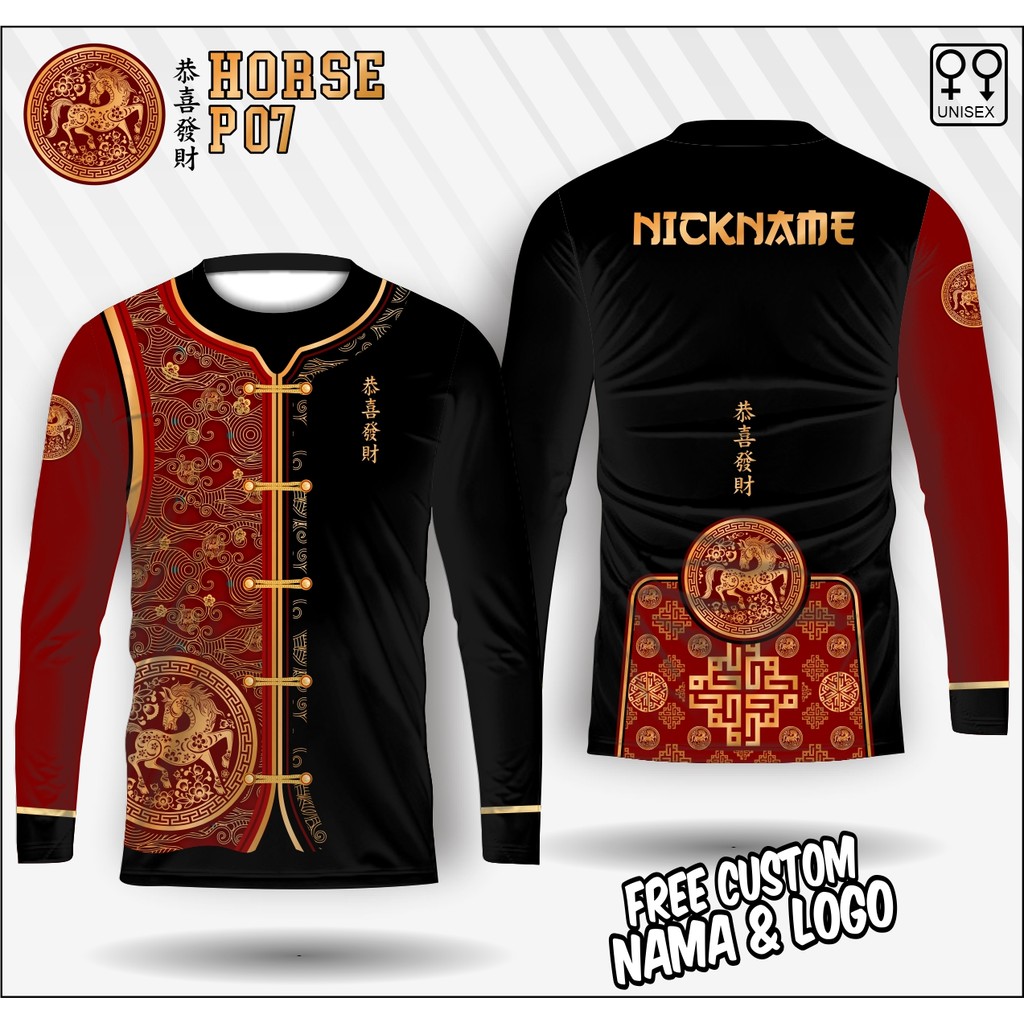 jersey imlek pria shio kuda 2026 lengan panjang kaos cheongsam pria shio kuda kaos imlek gong xi fa 