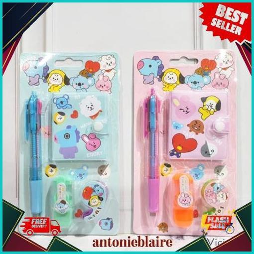 1 Set Alat Tulis 4in1 Buku Pulpen Highlighter Tape BTS Notebook BT21 Murah PREMIUM