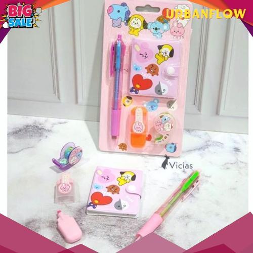 1 Set Alat Tulis 4in1 Buku Pulpen Highlighter Tape BTS Notebook BT21 Murah Murah