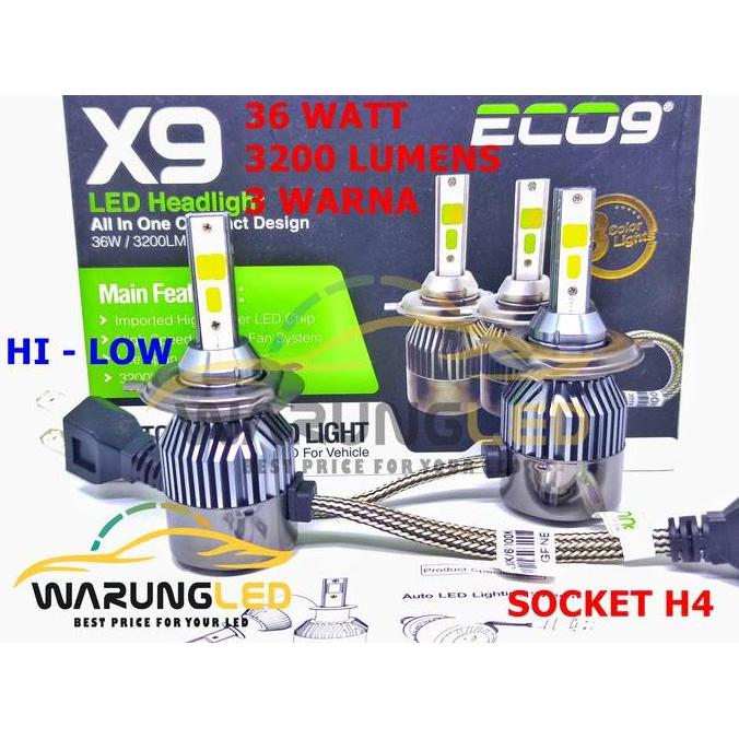 LAMPU UTAMA MOBIL LED X9 ECO9 LUXIMOS LED H4 3 WARNA SUPER BRIGHT