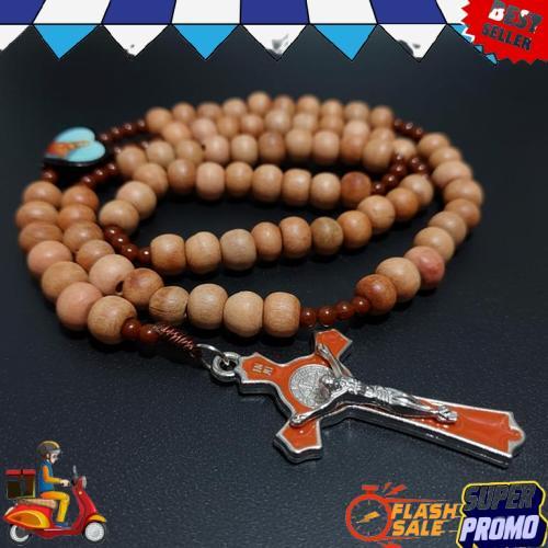 Kalung Rosario 77 Bapa Kami Kayu Cendana 8 mm Souvenir Rohani Katolik Pria Wanita Tali Lilit Harga G