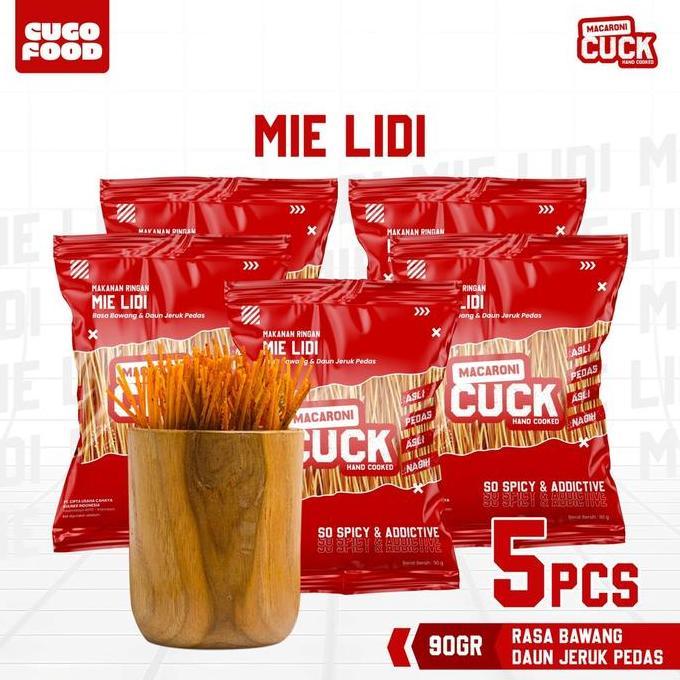 ASLI Macaroni Cuck Mie Lidi Pedas Daun Jeruk Kemasan Reg 80 gr x 5 Pcs Snack Cemilan Gurih Asin READ