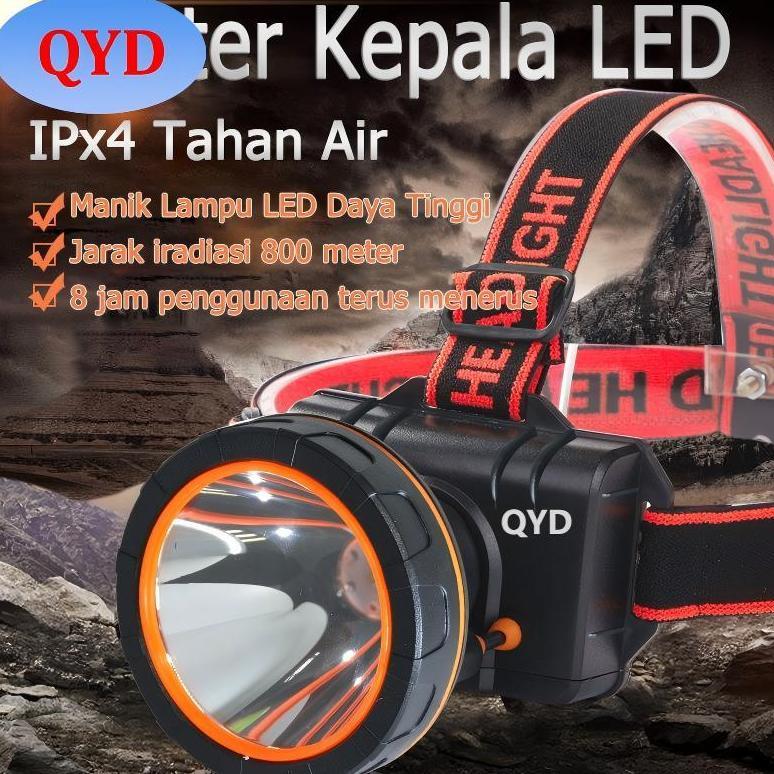 QYD Senter kepala Cas Super Terang IPx4 Tahan Air Headlamp LED 10jam Baterai 6000 lumen QYD Q7801