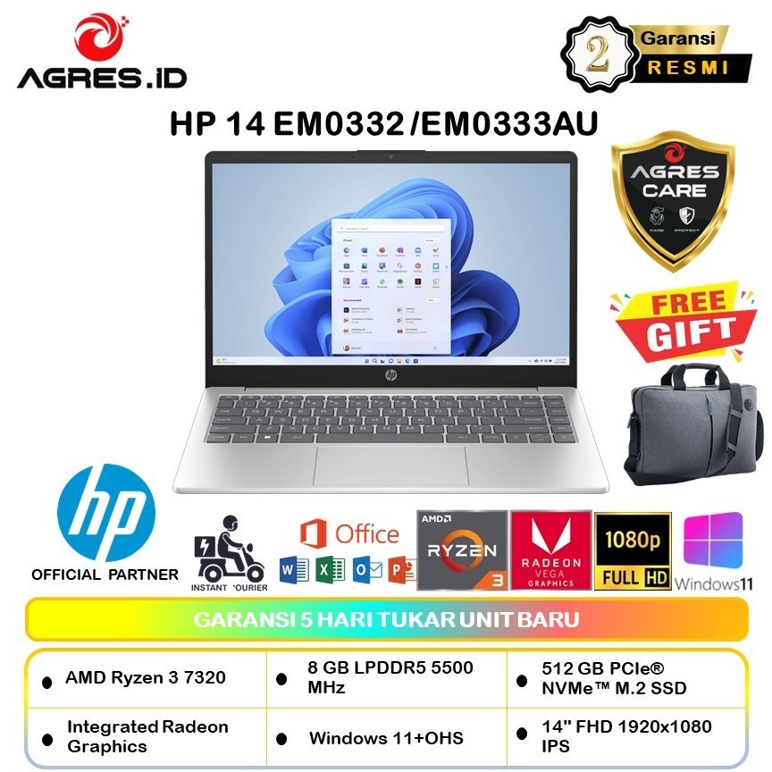 Laptop HP 14 Ryzen 3 7320 Ram 8Gb 512Gb Win 11+Ohs 14.0"Fhd Ips Backlit