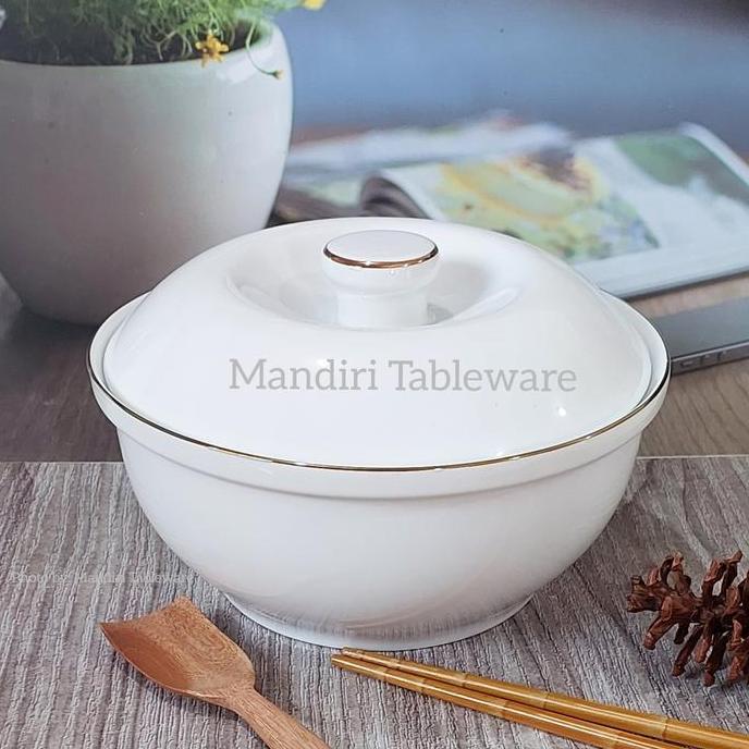 1 Set Mangkok Saji Keramik plus Tutup 23 cm | Mangkok Sayur | Gold Line | Premium Quality