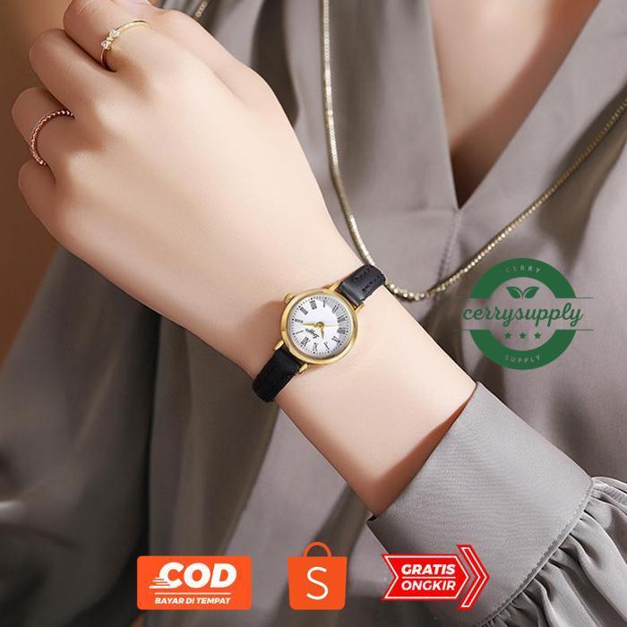 CERRYSUPPLY LOGGIO JAM TANGAN WANITA KULIT HITAM BULAT KECIL TERBARU ORIGINAL WOMEN WATCHES FREE BOX