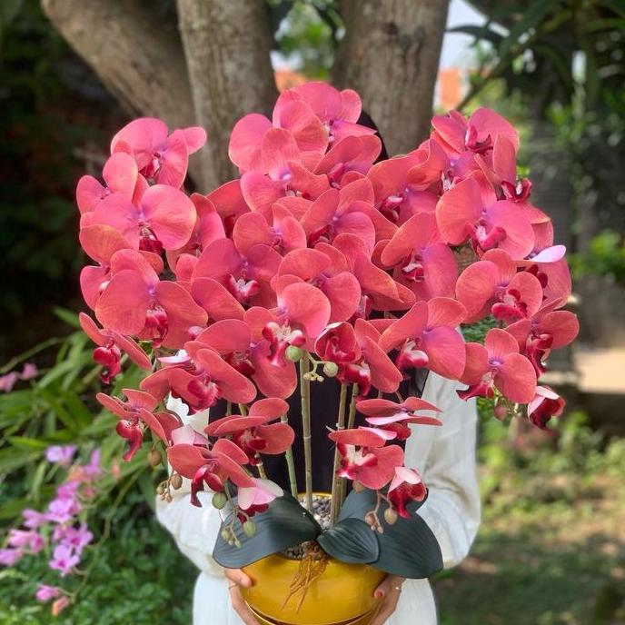 Dkrs- Anggrek Latex Jumbo 5 Cabang Vas Pot Bola Gold & Hitam Bunga Plastik Dekorasi Hiasan Rumah Dia