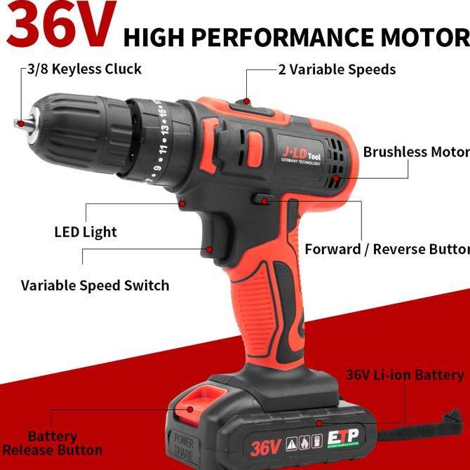 Yourpw- Jld Mesin Bor Baterai 36Vf Cordless Bor Mesin Bor Cas Murah Bolak Balik/Kasus/Charger - Full