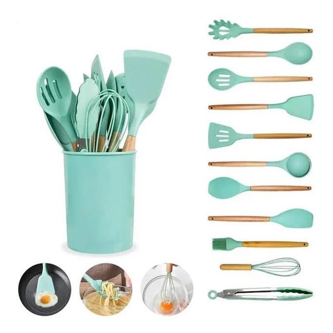 Berkualitas Silicone Utensil 11Pcs+Wadah Spatula Peralatan Masak Sutil Pegangan Kayu Baking Set Alat