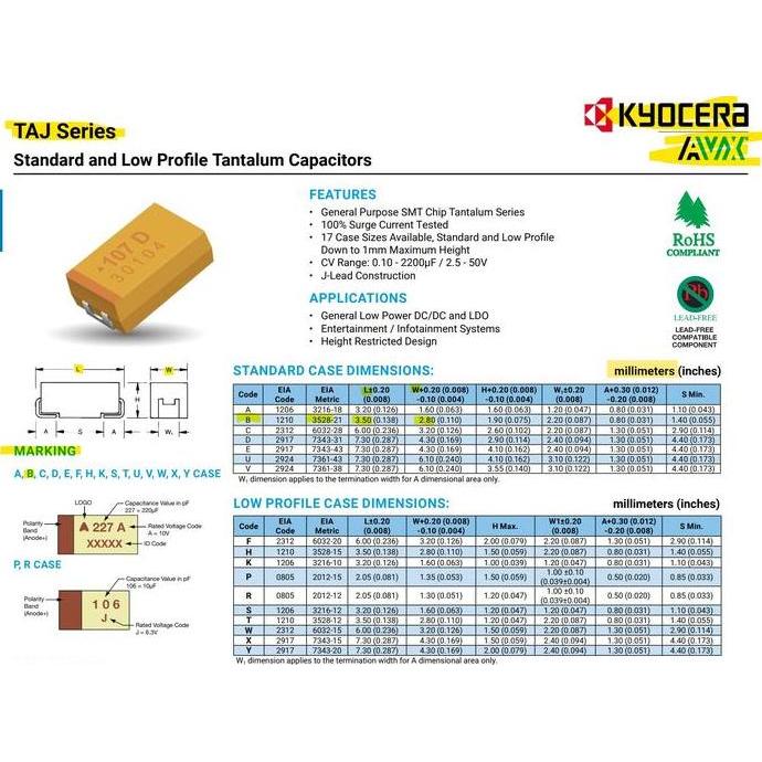 100F 6.3V 10% CASE-B-3528 107 107J 100UF SMD TANTALUM CAPACITOR KYOCERA AVX TAJB107K006RNJ