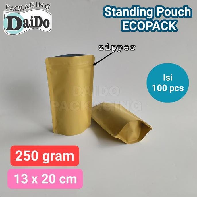ISI 100 Standing Pouch Ecopack 250gr Kemasan Kopi Plastik klip KPACK