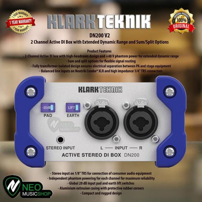 KLARK TEKNIK DN200 V2 2 CHANNEL ACTIVE DI BOX WITH EXT DYNAMIC RANGE ORIGINAL DAN TERPERCAYA