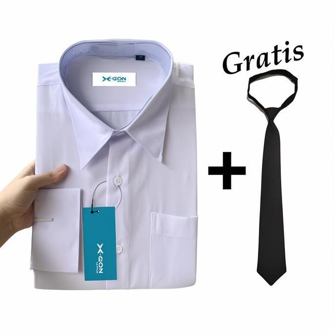 X-QON Kemeja Formal Pria Slim Fit Putih Polos Baju Lengan Panjang Katun Hitam Casual Hem Kerah Navy 