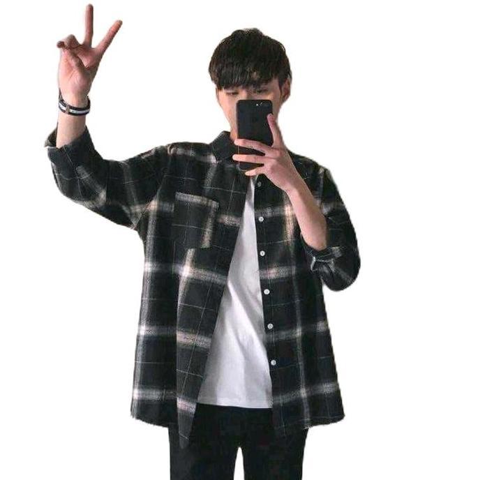 Kemeja panel premium cowok/cewek lengan panjang baju distro Slim-fitting Hitam Putih kemeja kemeja p