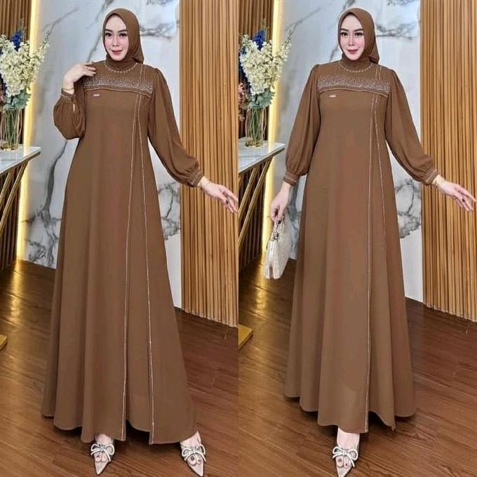 Rahma Dress Gamis Ceruty Babydoll Full Puring Aplikasi Payet Swaroski Dress Abaya Premium Muslim Wan