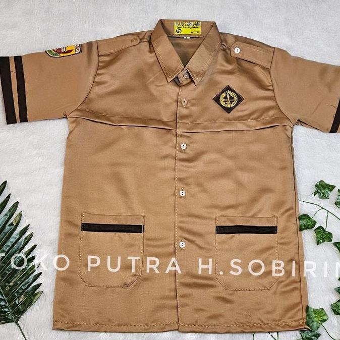 BAJU SIAGA / ATASAN PRAMUKA / BAJU PLAT COKLAT TANGAN PENDEK BAHAN ELEMEN FULL KANCING UNTUK Sekolah