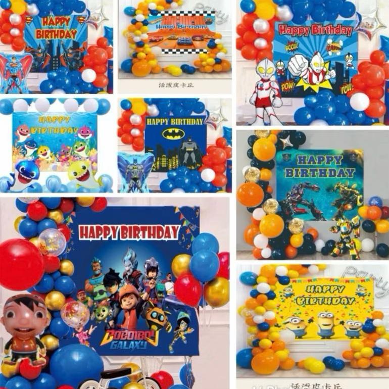 Paket backdrop balon ready stock karakter roblox/pororo/hothweels/pokemon/boboiboy/avengers/shark/tr