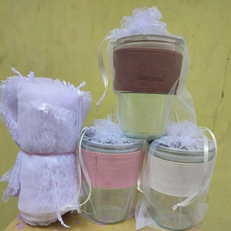 50 Lembar KANTONG KAIN TILE KEMASAN GELAS SEDOTAN KACA SOUVENIR