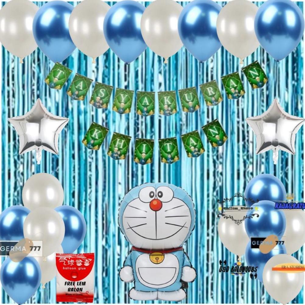 Set Dekorasi Tasyakuran Khitan Anak / Dekor Ultah Acara Khitanan Balon Doraemon Tirai Biru Muda