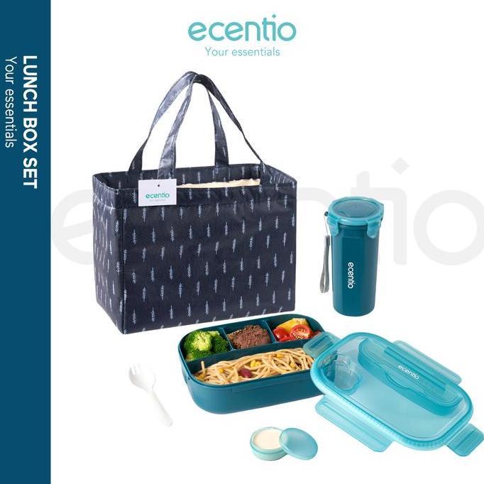 ecentio 4grid Kotak makan siang dengan botol air Lunch Box set 1100ml