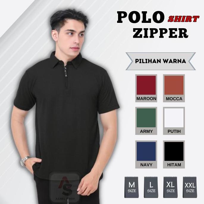 [PO Bordir] Kaos Kerah Polos Zipper Pria Dewasa Lengan Pendek Polo Shirt Resleting Cowok Keren Kekin