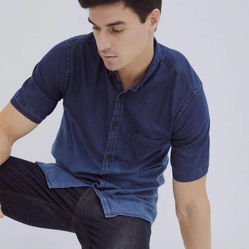 BEST SELLER HILLBOSS KEMEJA JEANS LENGAN PENDEK PRIA BIRU JAMIE - CASUAL DENIM SHIRT TWO TONE MEDIUM