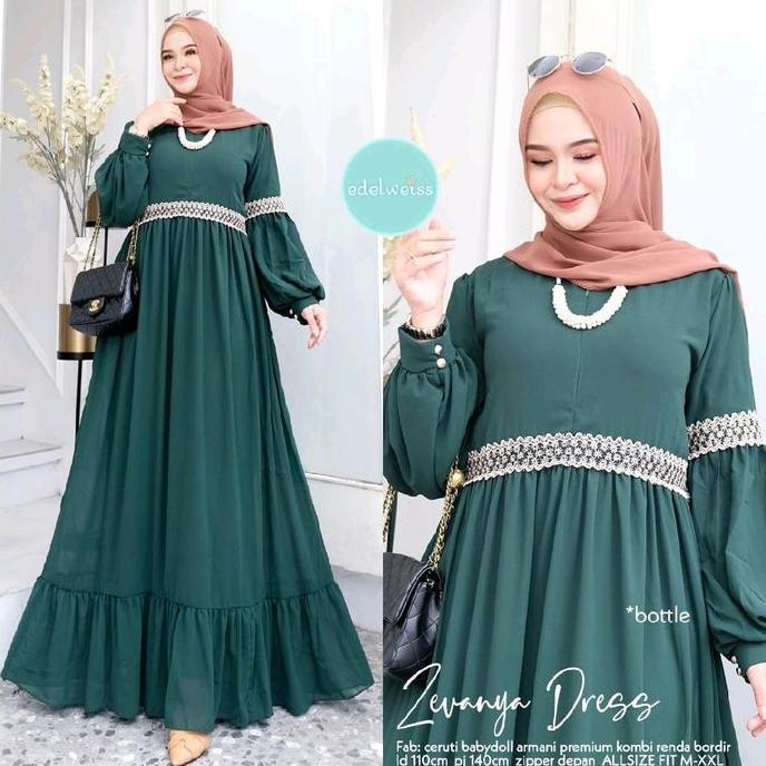 Zefanya Dress (Label Savna) | Baju Gamis Wanita Modis Terbaru Bahan Ceruty Babydoll Busui Polos Akse