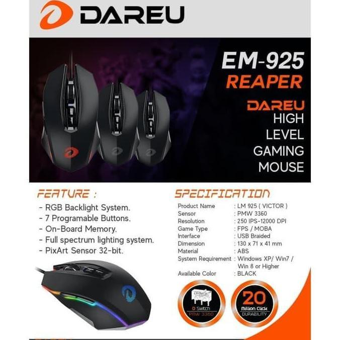 Mouse Gaming Rgb Dareu Em-925 Reaper Pmw3360 Sensor Asli