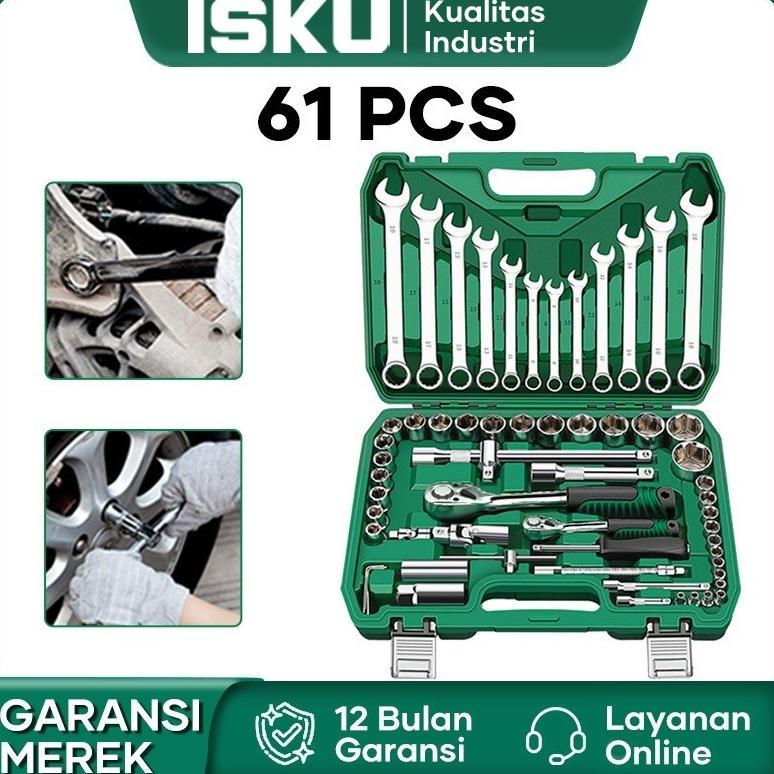 ISKU Tool Kit Set 61pcs Socket Wrenc Set Kunci Shock Set Kunci Ring Pas Set Dan Kunci Pas Rachet
