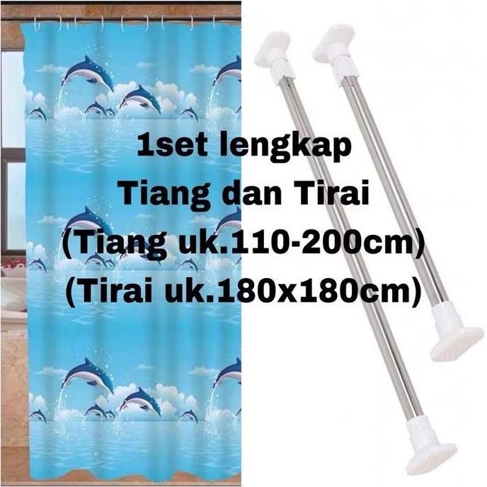 1 set lengkap Tirai mandi dan Tiang Tirai mandi dan Tiangnya Kamar mandi Shower Dapat disesuaikan Ka