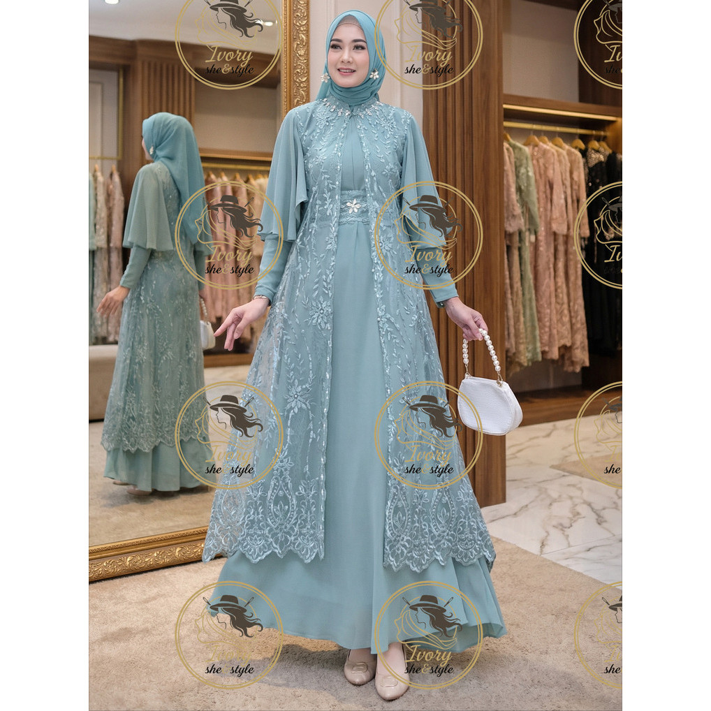 Ivory -  Clarisa Maxy Dress Brokat Outer Pisahan Gamis Muslim Wanita Pesta Kondangan Premium Kekinia