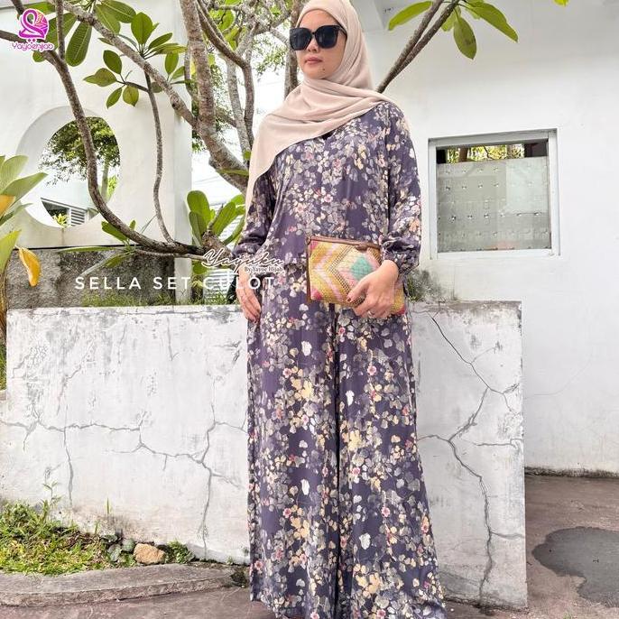 Bgs- Sella Set Kulot Oneset Rayon Motif Premium Lengan Panjang Celana Panjang Hightwaist Terbaru Kek